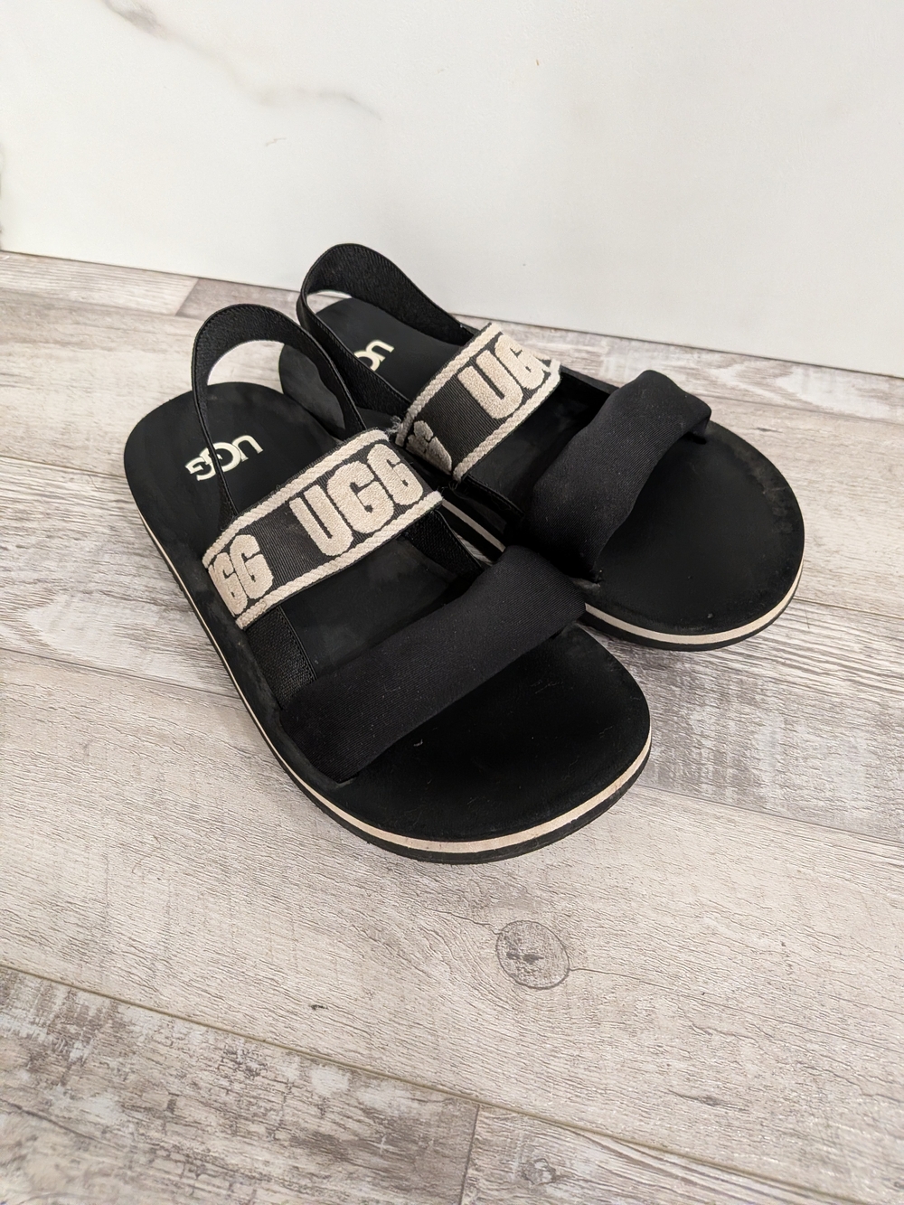 UGG Kids Black Sandals with Cream Logo Straps